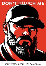 Angry bearded man wearing a cap with intense expression on bold red background and strong typography. Illustration concept
