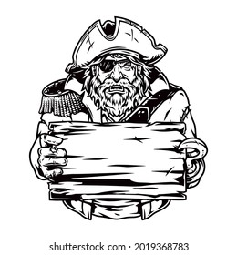 Angry bearded pirate holding wooden plank in vintage monochrome style isolated vector illustration