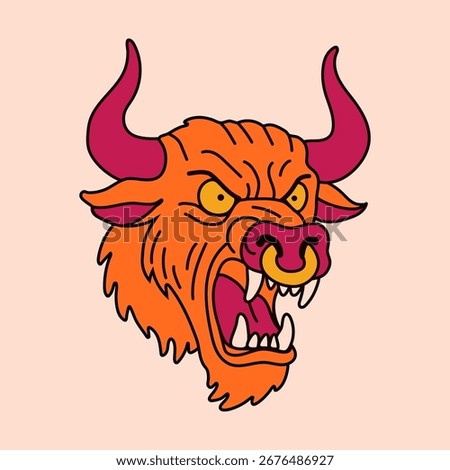 Angry Beast Head Vector with Horns and Fangs