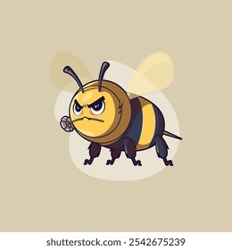 Angry Bee character with a flower vector illustration. Nature, wildlife design concept.