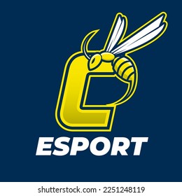Angry bee esport mascot logo design, wasp flying icon with letter, buzz illustration icon.
