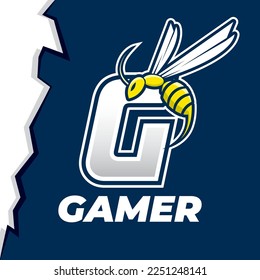 Angry bee esport mascot logo design, wasp flying icon with letter, buzz illustration icon.