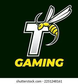 Angry bee esport mascot logo design, wasp flying icon with letter, buzz illustration icon.