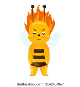 Angry bee isolated on white background. Cartoon character Blaze in fire. Design of insect sticker for showing emotion. Vector illustration