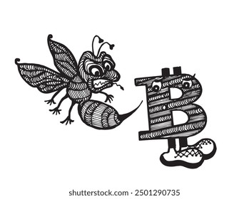 Una abeja enojada quiere picar bitcoin para que caiga, que se asusta y corre