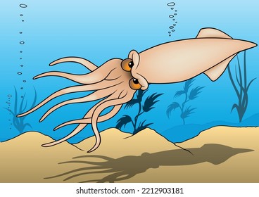 Angry Beige Squid with Long Tentacles - Colored Cartoon Illustration with Background, Vector