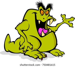 Angry big mouth cartoon monster. Halloween vector green monster