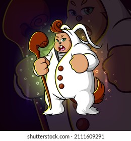 The angry bigfoot yeti is holding a stick esport mascot design of illustration