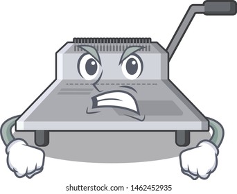 Angry binding machine above wood table cartoon