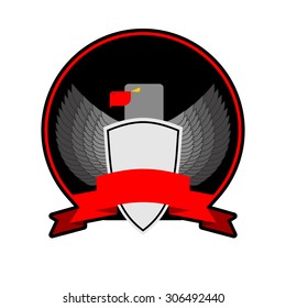 angry Bird with shield in black circle, with a Red Ribbon. Military emblem or coat of arms. Heraldic symbol. Vector illustration of an eagle.