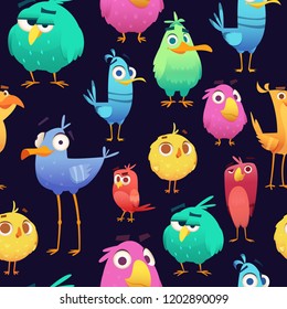 Angry birds pattern. Game parrots and exotic baby cute and funny colored birds. Vector cartoon seamless illustrations. Pattern exotic bird, parrot angry, colored macaw