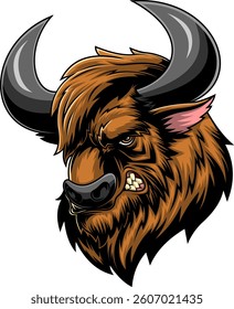 Angry Bison Head With Horns Mascot - Vector Hand Drawn Illustration Isolated On Transparent Background