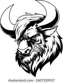 Angry Bison Mascot Black And White Style - Vector Hand Drawn Illustration Isolated On Transparent Background