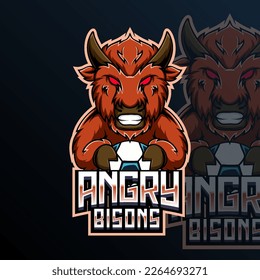 Angry Bisons Holding Football Animal Mascot Sport Club Team Badge