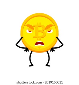 Angry Bitcoin emotion isolated. Evil Cryptocurrency Cartoon Style. fierce Vector