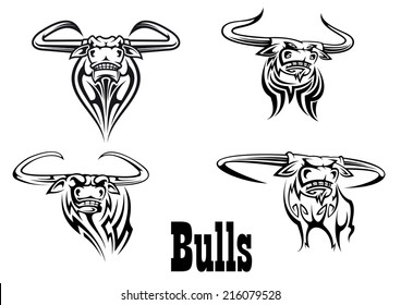 Angry black bull mascots ready for attack, isolated on white background for tattoo or team sports design design