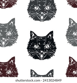 Ornamento de la cara de gato negro enojado. Patrón de halloween vectorial de gato silvestre sin fisuras. Ilustración en estilo de grabado retro.