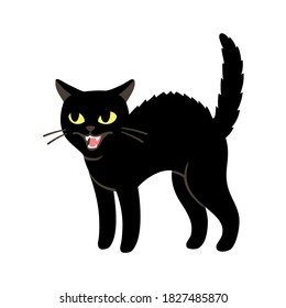 Angry black cat hissing and threatening with arched back and fur standing up. Simple cartoon drawing, isolated vector clip art illustration.