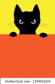 The angry black cat looks out from under a table, vector illustration