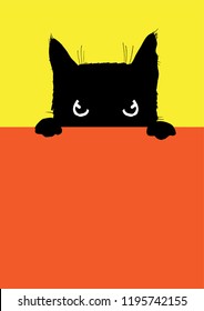 The angry black cat looks out from under a table, vector illustration