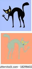 angry black cat on the background blue and angry gray cat on the background pink