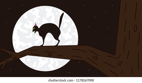 Angry black cat on the branch of a tree on a full moon night on halloween.
