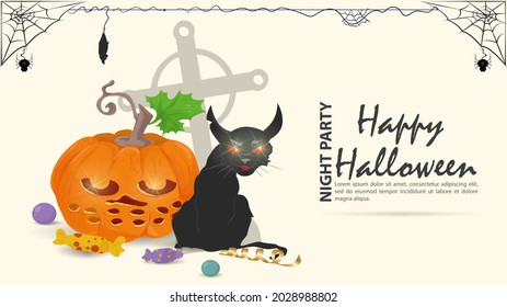 Angry black cat with a pumpkin on the background of a cross, for the Halloween holiday, flat illustration