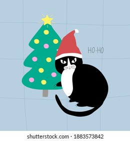 Angry black cat with Santa hat and Christmas tree. Christmas card "HO-HO". Doodle vector illustration.