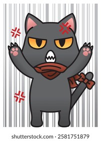 Angry black cat standing vigorously