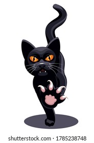 An angry black cat walks and stretches out its paw with claws forward. Character design isolated on white background. Vector illustration, emblem, sign, logo, sticker, print.