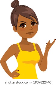 Angry black girl pointing finger up and with hand on hip showing upset expression