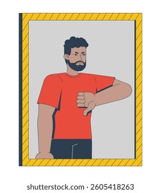 Angry black man in mirror giving thumb down disapproval 2D cartoon character. Negative feedback. African american guy unsatisfied flat vector person isolated on white. Spot illustration colorful
