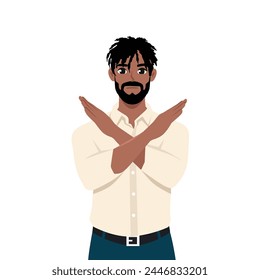 Angry black man standing with the crossed arms, no sign. Refuse gesture. Flat vector illustration isolated on white background