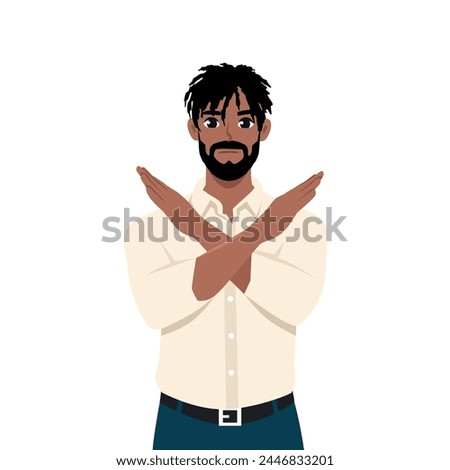 Angry black man standing with the crossed arms, no sign. Refuse gesture. Flat vector illustration isolated on white background