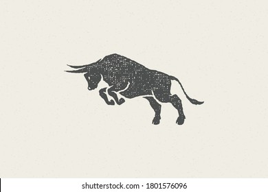 Angry black ox silhouette leaping and goring on farm hand drawn stamp effect vector illustration. Vintage grunge texture emblem for butchery packaging and menu design or label decoration.