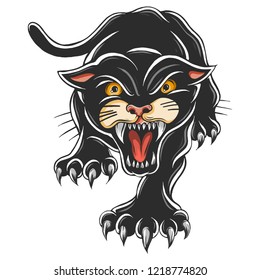 Angry black panther. Attacking pose . Tattoo vector illustration