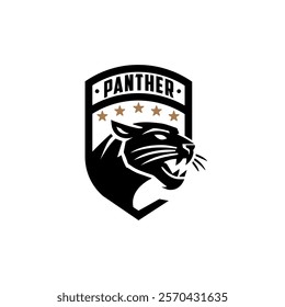 Angry Black Panther Cheetah Tiger With Five Star And Shield Secure Badge Logo Design