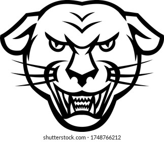 Angry Black Panther Head Baring Fangs Mascot Black and White