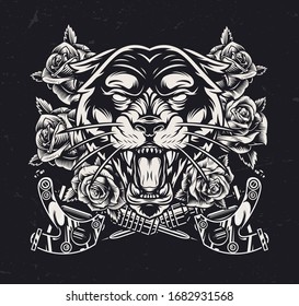 Angry black panther head vintage concept with crossed tattoo machines and roses in monochrome style isolated vector illustration