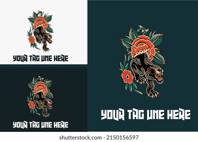angry black panther and red rose vector illustration