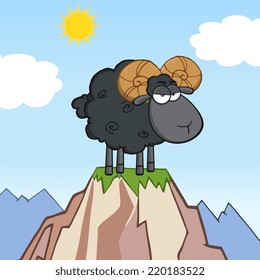 Angry Black Ram Sheep Cartoon Mascot Character On Top Of A Mountain