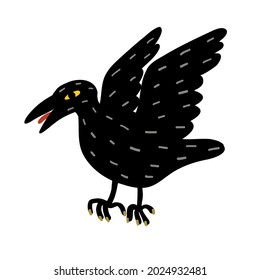 An angry black raven with an open beak and raised wings.
