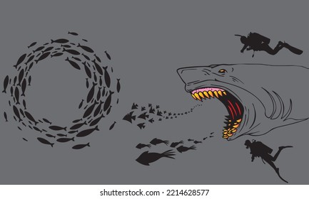 Angry black shark vector illustration isolated on gray background. Perfect for printing on t-shirts,tattoo, mugs, hats, logos, mascots or other advertising designs