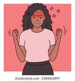 Angry Black Woman Clenching Fists. Frustrated Black woman in a pink shirt clenches fists with a flushed face against a red background.