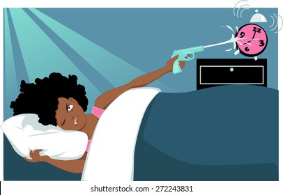 Angry Black Woman Lying In Her Bed Early In The Morning With One Eye Closed And Shooting A Ringing Alarm Clock With A Water Gun, Vector Illustration, No Transparencies, EPS 8