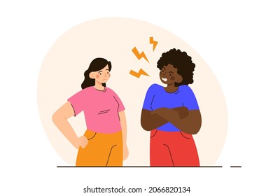 Angry Black Woman Yelling At Girlfriend Or Wife. Couple Quarrelling. Family Crisis, Breakup And Divorse Concept. Modern Flat Vector Illustration