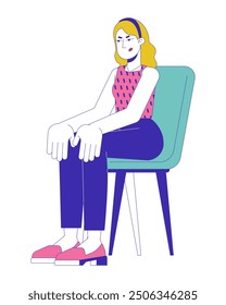 Mujer rubia enojada que se sienta en el carácter de la historieta 2D de la silla. Mujer caucásica disgustada en el asiento aislado Vector plano persona fondo blanco. Expresión de emociones negativas ilustración de manchas de color