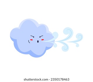 Angry blowing wind, funny cartoon character weather forecast personage. Vector cute windy cloud, weather forecast and meteorology sign