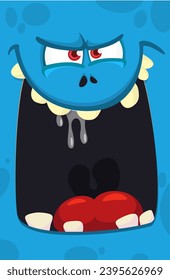 Angry blue cartoon monster face.  
Halloween design, Vector illustration isolated