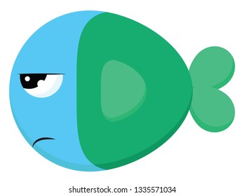 An angry blue fish with a green tail and a sparkling eye, vector, color drawing or illustration.